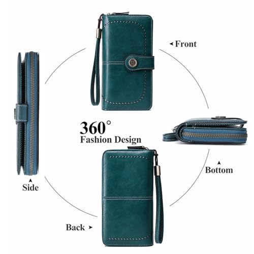 Women Leather Wallet Crossbody Shoulder Bag with Double Zipper and Mobile Phone Purse with Shoulder Strap - color: 665-peacock Blue