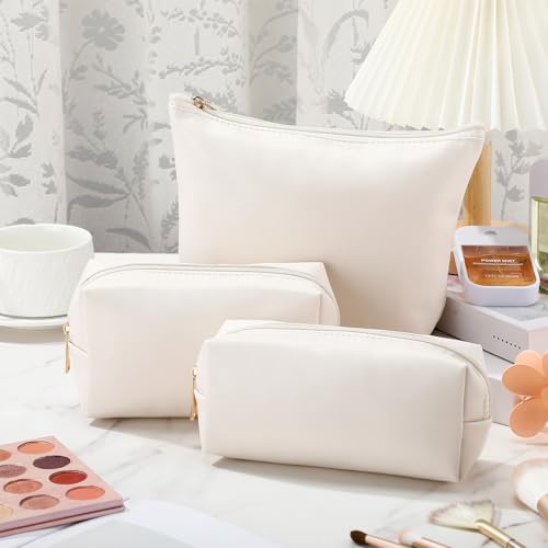 Kigeli 3 Piece Leather Makeup Bag Set Graduation Women Gifts PU Leather Makeup Toiletry Bag Bridesmaid Cosmetic Pouch Small Aesthetic Travel Purse for Wedding Birthday Women Gifts(Beige) - color: Beige