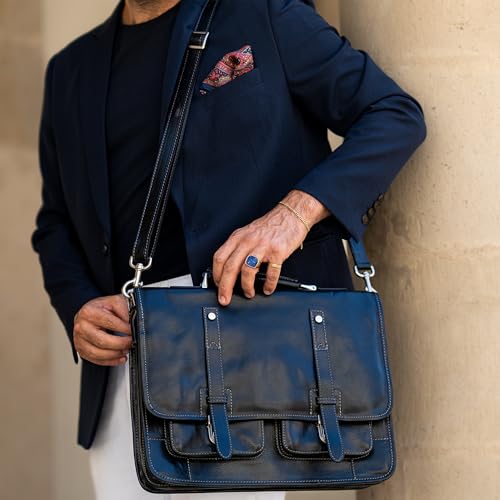 Time Resistance Leather Briefcase – Italian Handmade Leather Laptop Bag – Briefcase Convertible into Backpack - color: Black
