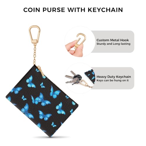 Blue Butterfly Keychain Coin Purse for Women, Small Change Pouch | Zipper Key Chain Purse, Little Tiny Zip Pocket, PU Leather, Travel Wallet for Girls, Cute Coin Holder, Key Ring, Women Gifts - color: Blue Butterfly