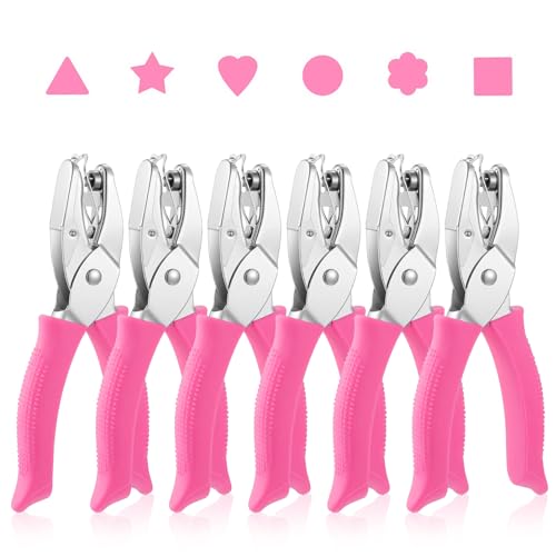6 Pack Hole Punch Set - 1/4 Inch & 3/16 Inch Hole Paper Punch for Crafting, Scrapbooking & Binder | Circle, Heart, Star, Square, Triangle, Flower Shapes | Soft-Grip Handles, Built-in Chip Collector