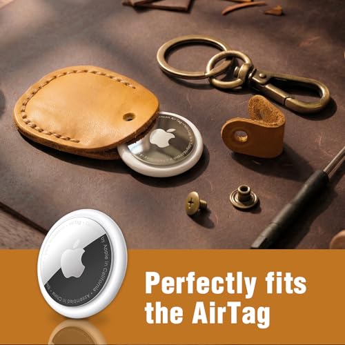 Genuine Leather Airtag Holder Compatible with Apple AirTag Keychain 2nd & 1st Gen, Handmade Air Tag Holder with Key Rings, Hidden Airtag Case Accessories - Light Brown - color: Light Brown