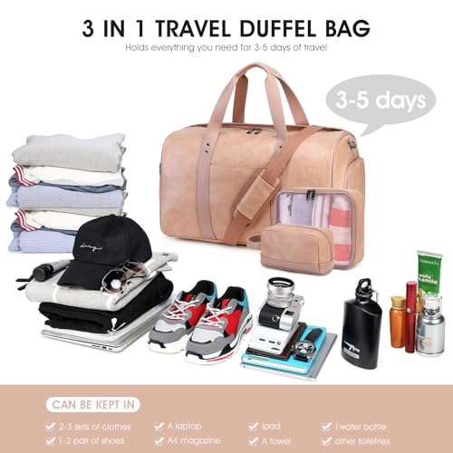 3PCS Faux Leather Weekender Bag for Women Men Travel Bag Overnight Bags | Leather Travel Duffel Bags for Traveling with Shoe Compartment Toiletry Packing Cube Carry On Tote Bag Men Fit 21.5" Laptop - color: Pink