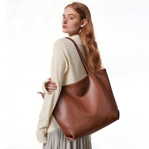 WLLWOO Soft Vegan Leather Tote Bag for Women Large Hobo Zipper Purse | Casual Shoulder Handbags Carryall for Work Daily Weekender Travel Commute - color: Brown