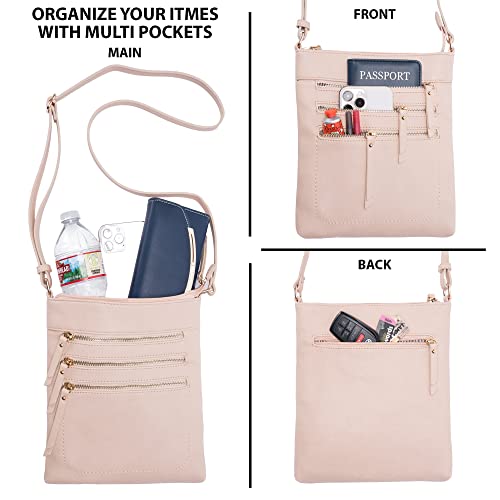 Solene Crossbody Bag Functional Multi Pocket Messenger Purse Top Zip Closure Shoulder Handbag With Adjustable Strap - color: Nude