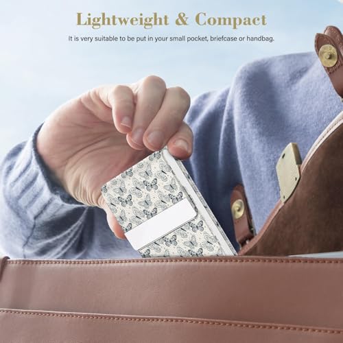 2Pack Leather Stainless Steel Business Card Holder, Metal Slim Business Card Case for Women or Men, Pocket Business Card Carrier with Prints, Magnetic Closure, RFID Blocking - color: Sketch-Butterfly
