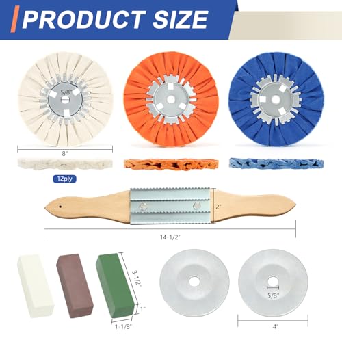 9 Pcs 8" Airway Buffing Wheel Kit for Angle Grinder, 3 Wheels, 3 Polishing Compounds, Buffing Rake & 1 Pair Safety Flanges, 5/8" Arbor, for Aluminum Wheels, Tanks & Metal Mirror Polishing - color: Multi 9pcs, size: 12plys