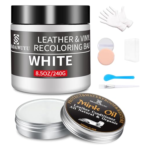 SHADAIWUYU 8.5oz Leather Recoloring Balm with 100ml Mink Oil,White Leather Repair kit for Furniture and Car Interior,Leather Couch Scratch Repair,Leather Dye Paint,Mink Oil for Leather - color: White, size: Leather Recoloring Balm+Mink Oil
