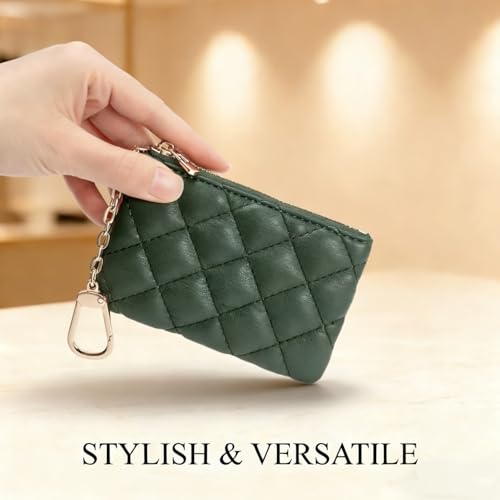 Quilted Faux Leather Coin Purse with Keychain - Small Coin Pouch Key Pouch Small Card Holder Keychain Wallet Change Purse for Women and Men (Olive Green) - color: Olive Green