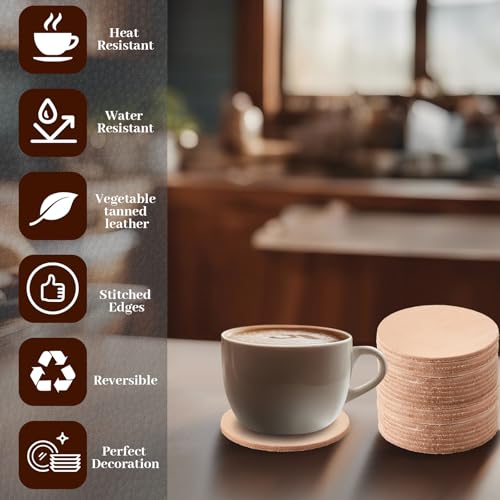 Bulyoou 50 Pcs Round Vegetable Tan Leather Coaster 3-3/4" Circular Tooling | Veg Tan Leather for Crafts, Blank Laser Engraving Coasters Tooling Stamping Carving, Thickness 3.2 mm - color: Tan, size: 3-3/4 Inches