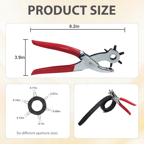 Leather Hole Punch Tool, 6 Sizes Rotary Punch Plier, Heavy Duty Belt Hole Puncher with Adjustable Wheel for Leather Straps Dog Collars Shoes, Red
