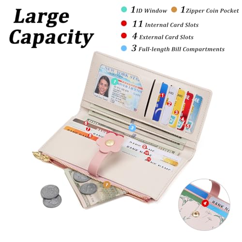GAEKEAO Womens Wallet Slim Thin RFID Blocking Bifold Floral Vegan Leather Card Holder Large Capacity Wallet with Zipper Pocket - color: Y-Pink