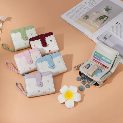 GAEKEAO Small Wallet for Women Vegan Leather Bifold Card Holder RFID Blocking Ladies Purse Floral Pattern with Zipper Pocket - color: Y04-Blue