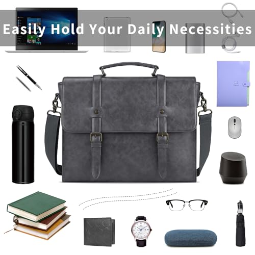Lubardy Mens Messenger Bag Vintage Leather 15.6 Inch Work Laptop Briefcase - color: Grey