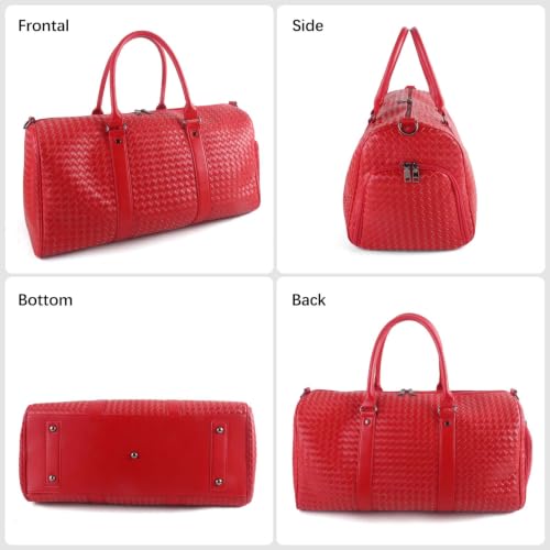 Weekender Bags for Women Woven Leather Travel Duffle Bag Gym Tote (Red) | Carry On Bag for Men with Shoe Compartment Dry and Wet Separation - color: Red