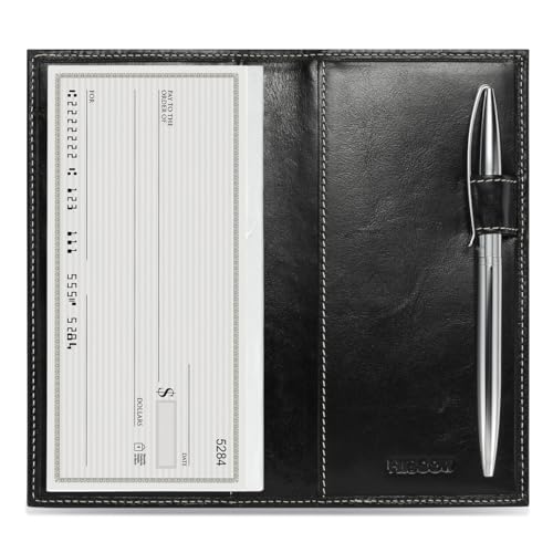 HISCOW Leather Checkbook Cover for Duplicate Checks with Pen Holder - color: Antiqued Black