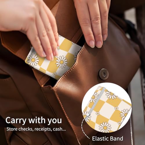 Checkbook Cover for Personal Checkbook, Cute Pu Leather Check Book for Women & Men, Slim Checkbook Holder with Pen Holder and Built-in Clear Plastic Divider, Daisy Checker - color: Daisy Checker