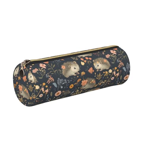 OSAM SPACE Leather Pencil Case Round Pencil Bag Hedgehogs Flowers Pumpkins Pen Organizer Holder Portable Zipper Pouch Cute School Supplies for Girls Boys Study Office - color: Hedgehogs Flowers Pumpkins