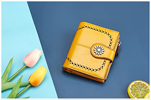 Womens Leather Wallet Small Compact RFID Blocking Credit Card Case Purse with Zipper Pocket | Small - color: Yellow