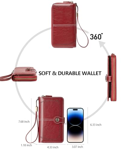 TFKGS Wallet for Women RFID Blocking Leather Large Capacity Card Holder Ladies Phone Clutch Travel Long Purse Wristlet | RFID Blocking - color: 2-Upgrade-Wax-Red