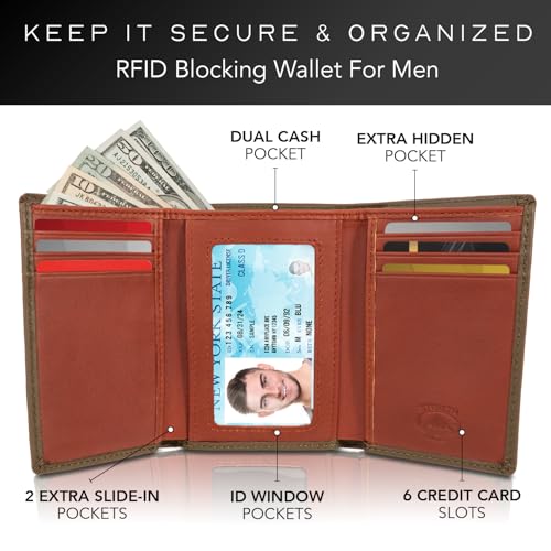 Stealth Mode Trifold Leather Wallet for Men with RFID Blocking (Camo) | Top Grain Napa Leather, 9 Card Slots, ID Window, Gift Box – Gift for Dad, Husband, or Son - color: Camo