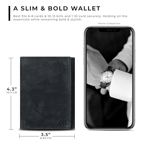 Trifold Leather Wallet for Men - RFID Slim Minimalist Front Pocket 6 Slots - color: Hunter Black