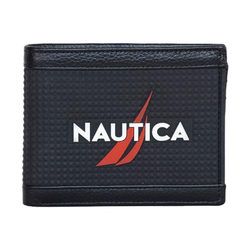Nautica Men's Bifold Leather Wallet | RFID Blocking | ID Window | Card Slots | Organization | Durable | Stylish - color: Rubber/Leather - Black