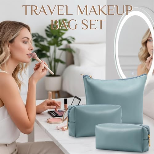 Kigeli 3 Piece Leather Makeup Bag Set Graduation Women Gifts PU Leather Makeup Toiletry Bag Bridesmaid Cosmetic Pouch Small Aesthetic Travel Purse for Wedding Birthday Women Gifts(Blue) - color: blue