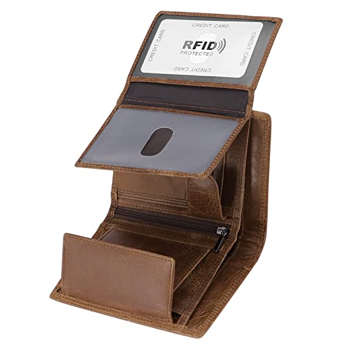Trifold Billfold RFID Blocking Cowhide Leather Wallet for Men 10 Card Slots 2 ID Windows with Coin Pocket - color: Brown