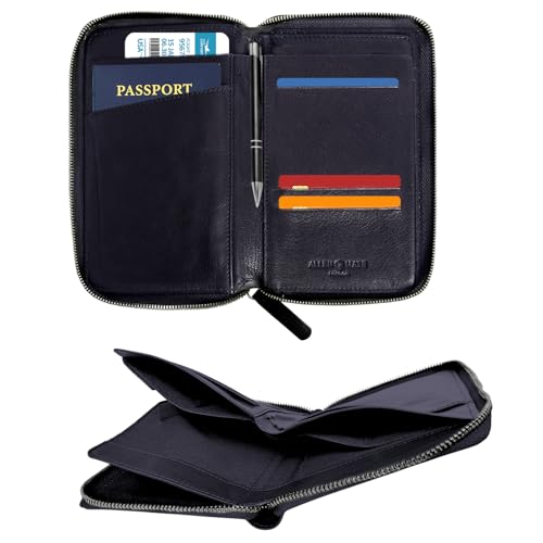 ALLEN & MATE Genuine Leather Passport Holder for Travel, RFID Blocking Travel Wallet Fits 2 Passports and 12 Cards, Zippered Document Organizer with SIM Slot and Pen Loop for Men and Women - color: Black