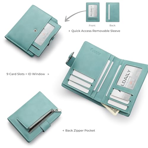 Alldaily Small Slim RFID Blocking Leather Wallet for Women, Bifold with 10 Card Slots and Coin Pocket (Purist Blue) - color: Purist Blue