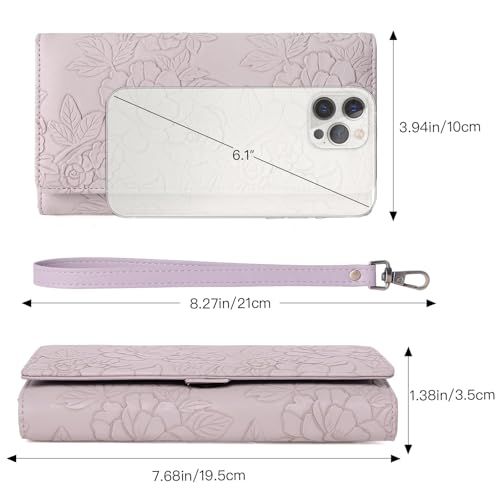 GAEKEAO Wallets for Women Vegan Leather RFID Blocking Card Holder Trifold Ladies Long Purse Wristlet Clutch with 3 ID Windows - color: Purple