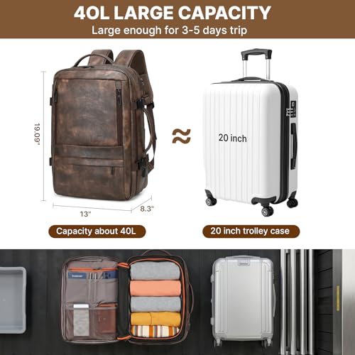 Travel Backpack for Men Women, Carry On Backpack Flight Approved, Coffee | PU Leather, 40L, Expandable, Laptop Compartment, Personal Item Travel Bag, for Traveling Weekender Business - color: Coffee