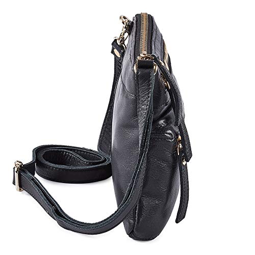Small Leather Crossbody Bag for Women Adjustable Sling Purse Multi Pocket | Genuine Top Grain Leather, 4 Zip Pockets, Cross Over for Travel, Gift for Women, Phone Pocket - color: Black Nappa