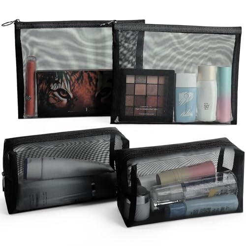 4 Pack Mesh Cosmetic Bags, Nylon Mesh Makeup Bags Set, Multipurpose Makeup Pouches, Travel Essentials Beauty Bag Set(Black) - size: Cube+Flat