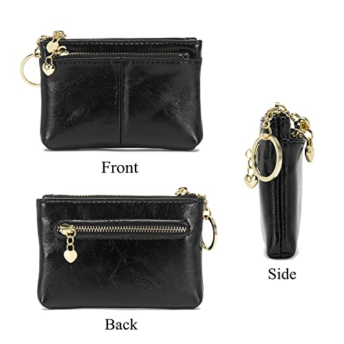 Women PU Leather Zip Mini Coin Purse With Key Ring Triple Zipper Card Holder Wallet(Black) - color: Black