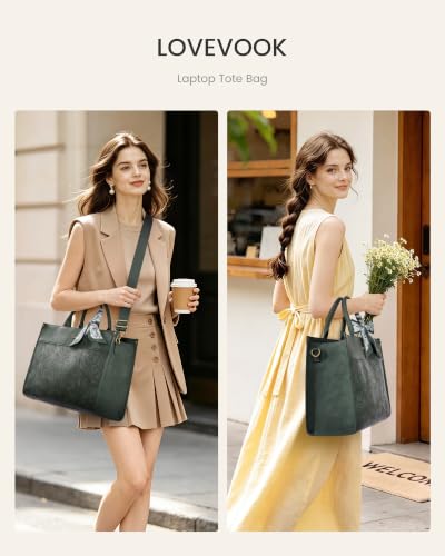 LOVEVOOK Laptop Tote Bag for Women, Vintage Work Bag with Large Cup Holder | Waterproof Business Computer Bag,Teacher Handbag Purse Briefcase,Office Gifts for Women with Silk Scarf - color: Green (Embossed), size: 15.6 Inch