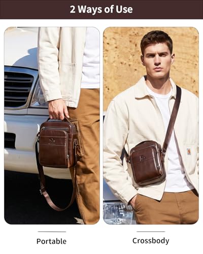 Leather Crossbody Bag for Men with Double Compartments | Genuine cowhide,two roomy sections,adjustable strap,zip closure,ideal for work,commuting,travel and gifts - color: Coffee