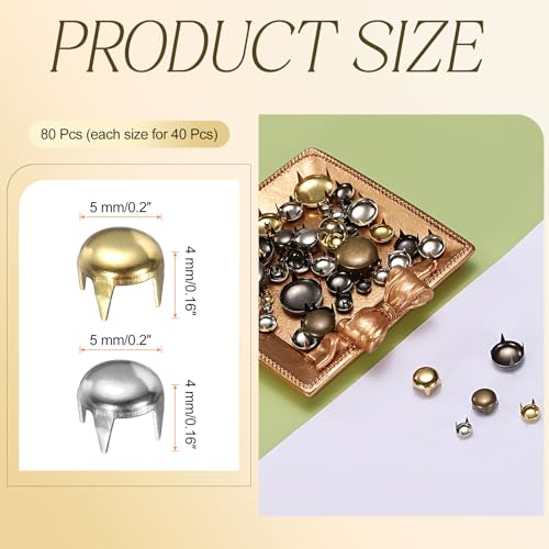 HARFINGTON 80pcs Round Dome Rivets 5mm Copper 4 Claw Rivet Metal Spike Studs Spots Punk Rock for Leather Craft Clothes Belt Bag Shoes Bracelet Accessories, Silver/Gold - color: Silver/Gold, size: 5mm