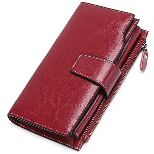 SENDEFN Women Leather Wallets RFID Blocking Clutch Card Holder Ladies Purse with Zipper Pocket - color: A-Dark Red