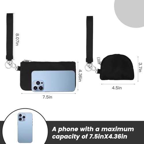 Mini Zip Around Wristlet Wallet, Dual Pouch Keychain Coin Purse for Women | Phone wallet design, detachable pouches, waterproof nylon, zipper closure, card holder, travel and daily essentials organizer - color: Black+Silver
