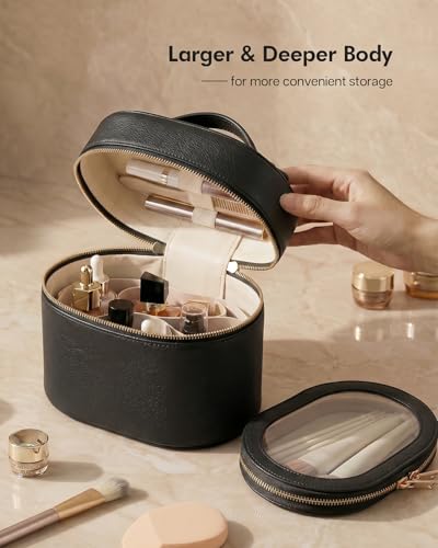 Prite 2 Pcs Makeup Bag Set Travel Cosmetic Case with Clear Pouch for Women | Removable Divider, Vanity Case, Waterproof, Vegan Leather, Elastic Slot, Dual Zipper, Structured, Easy Clean - color: Classic Black