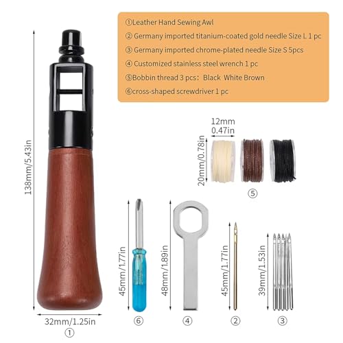 WUTA Repair Stitch Kit Leathercraft Stitch Awl Tool with 10Pcs Large Titanium-Plated Needle, for Leather, Belt, Canvas, Fabric, Bag Repair Professional Stitcher Leather Craft Tool - style: Set E (Stitch Awl Kit+10Pcs Large Gold Titanium-plated needle)