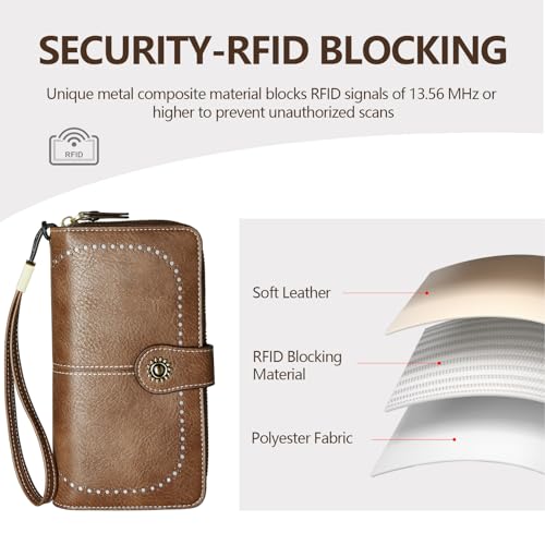TFKGS Wallet for Women RFID Blocking Leather Large Capacity Card Holder Ladies Phone Clutch Travel Long Purse Wristlet | RFID Blocking - color: 1-Brown