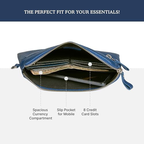 Leather Wristlet Wallet for Women Clutch Handbag Purse with Cell Phone Slot | Genuine Top Grain Leather, 8 Credit Card Slots, Detachable Strap, YKK Zipper, Gifts for Women - color: Sapphire Blue Nappa