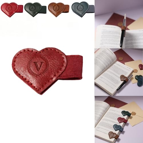 Magnetic Leather Bookmarks with Pen Holder, 26 Letters Name Initial Custom Personalized Heart-Shaped Book Marks for Book Lover Readers, Bygone Cute Leather Bookmark Gift for Women,Girls (Red,V) - color: Red, size: V
