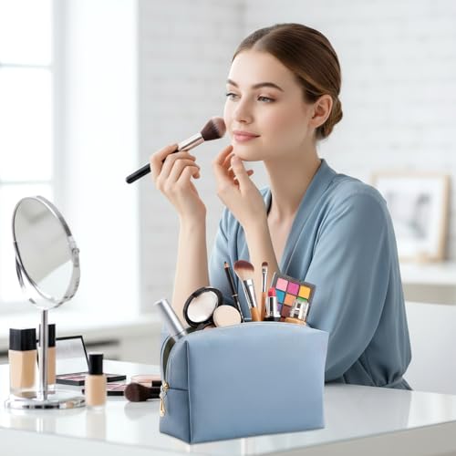 Kigeli Leather Makeup Bag PU Leather Cosmetic Pouch Wide-open Waterproof Toiletry Organizer with Dividers Travel Bag Birthday Valentine's Day Gifts for Women Friend Sister Daughter BFF(Haze Blue) - color: Haze Blue