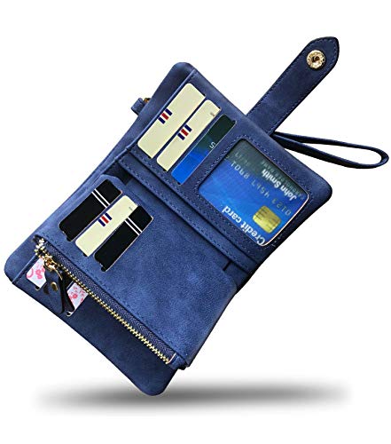 AOXONEL Women's Small Bifold Leather wallet Rfid blocking Ladies Wristlet with Card holder id window Coin Purse - color: Blue