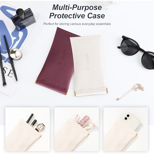 Glasses Case Soft 2 Pack - Portable Leather Squeeze Top Eyeglass Case,Soft Sunglasses Case. - color: Beige/Brown