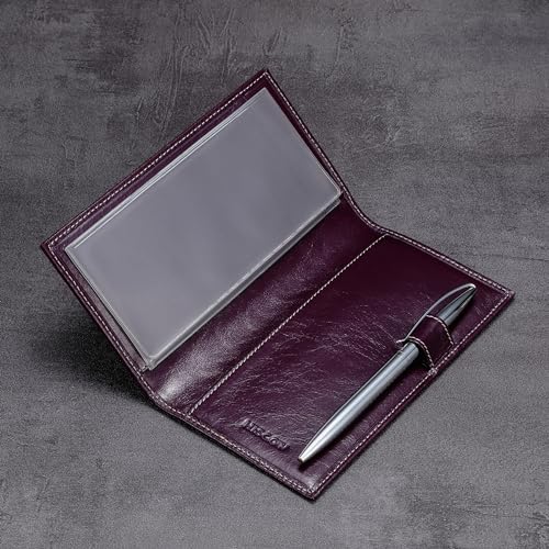 HISCOW Leather Checkbook Cover for Duplicate Checks with Pen Holder - color: Antiqued Purple